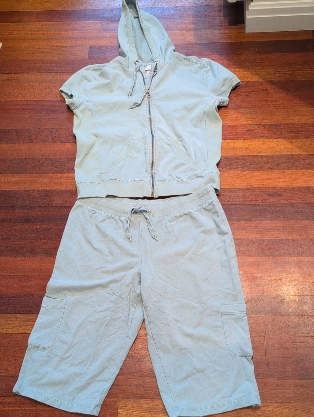 Prospirit Light Blue Short-Sleeve Hoodie & Drawstring Capris Lounge Set Y2K